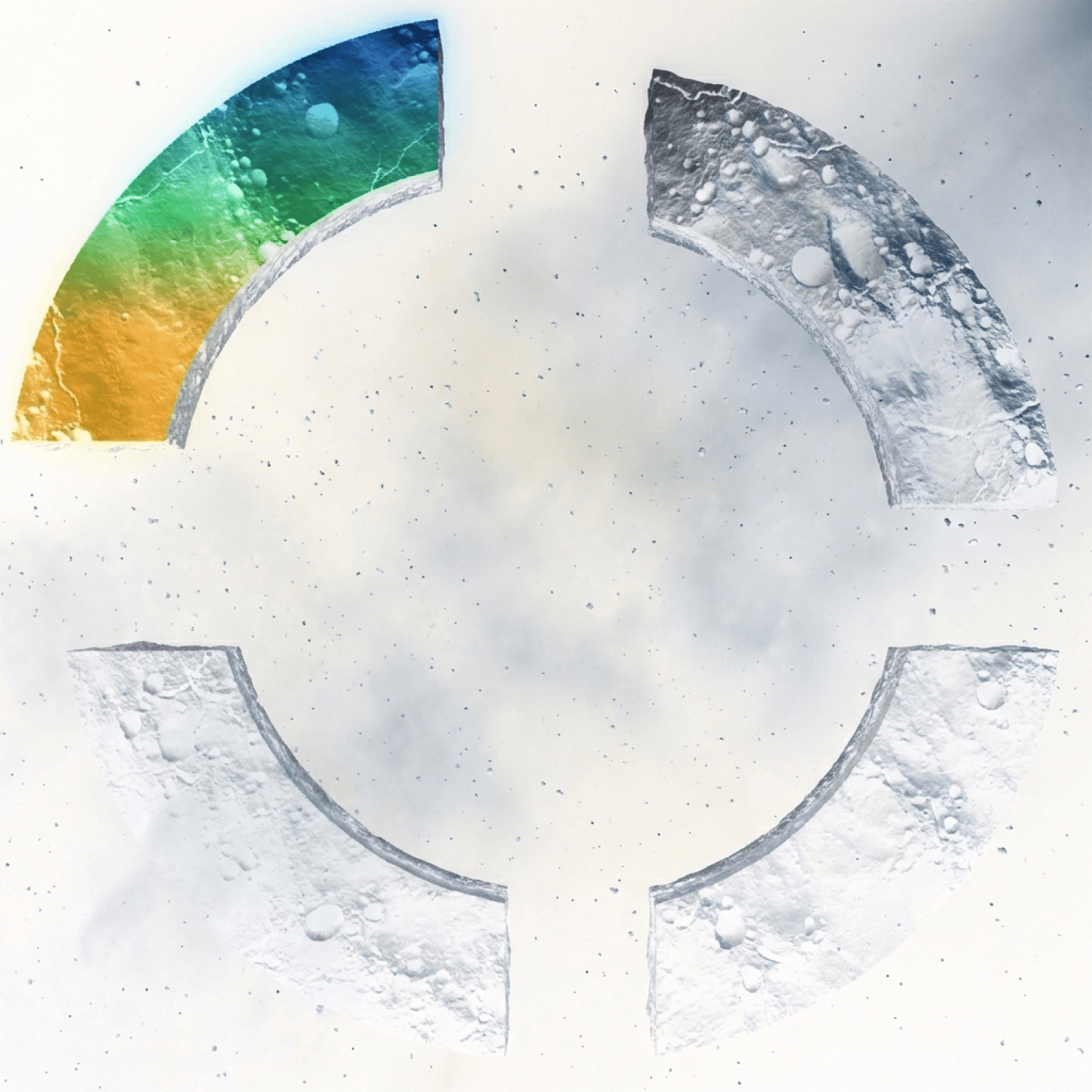 Four arcs of one circle: one lit in color, three still grey stone.